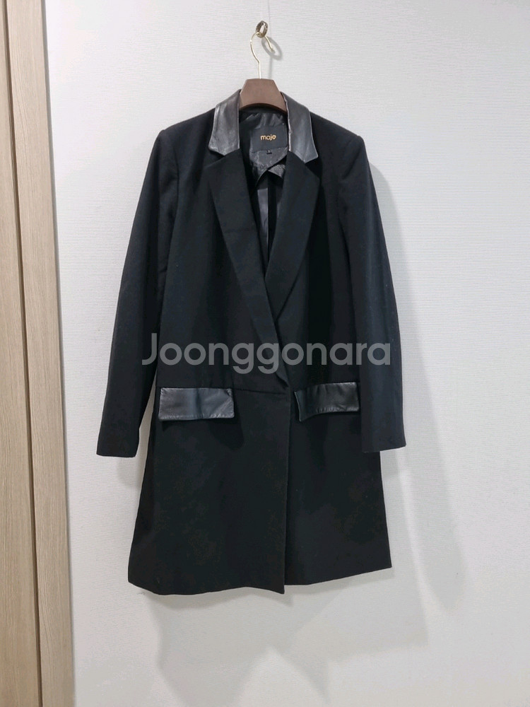 마쥬 블랙 가죽 배색 코트--0