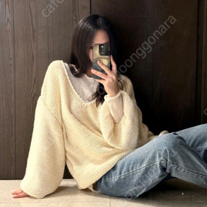 츄니토리 오버핏 루즈핏 브이넥 니트 스웨터 아이보리