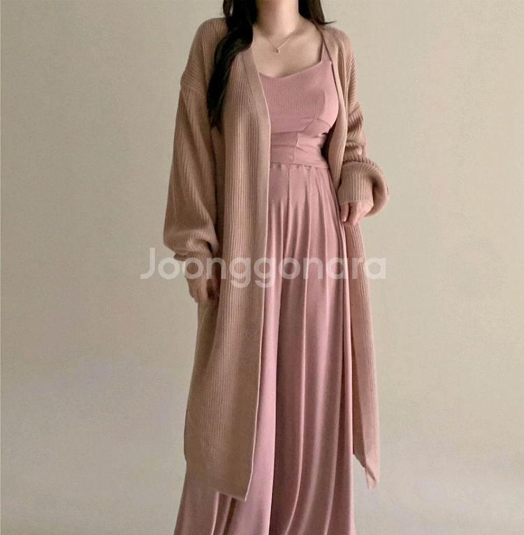 베이지핑크 퍼프소매 오픈형 롱 가디건--0