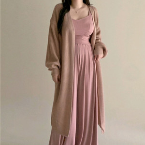 베이지핑크 퍼프소매 오픈형 롱 가디건