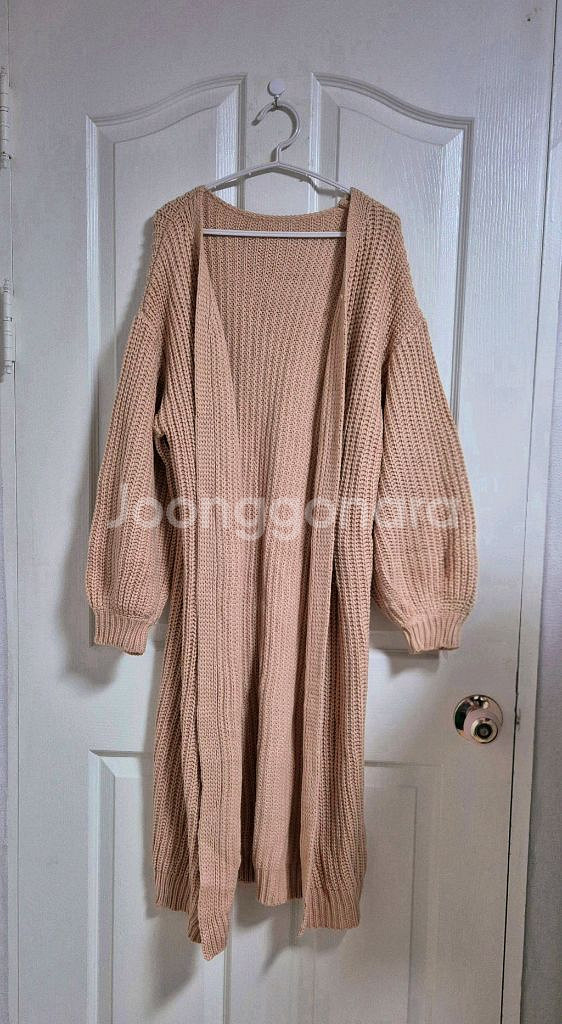 베이지핑크 퍼프소매 오픈형 롱 가디건--2