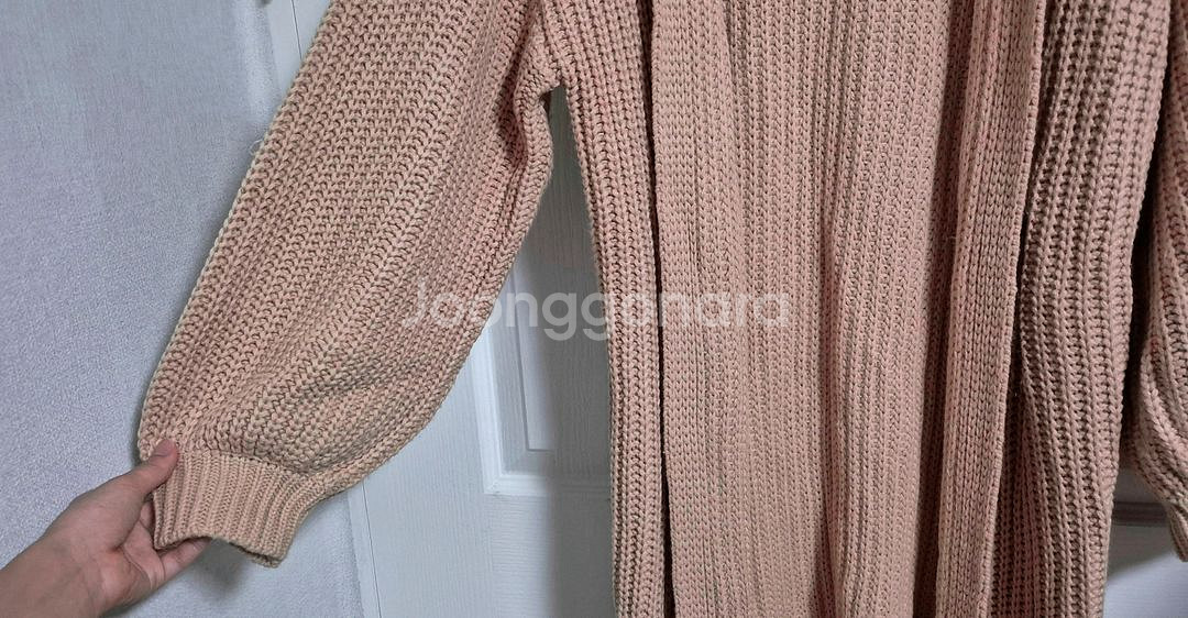 베이지핑크 퍼프소매 오픈형 롱 가디건--4