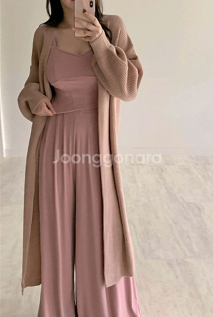 베이지핑크 퍼프소매 오픈형 롱 가디건--1