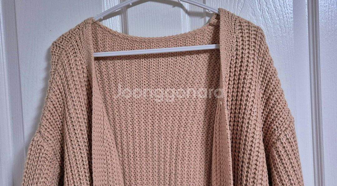 베이지핑크 퍼프소매 오픈형 롱 가디건--3