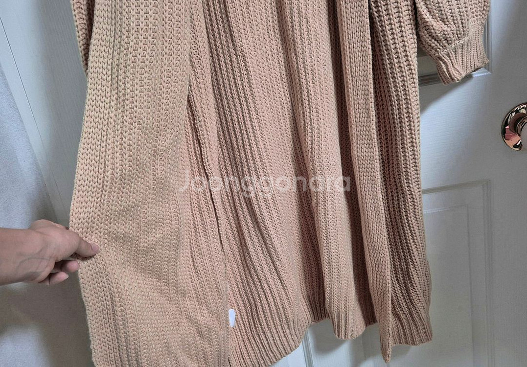 베이지핑크 퍼프소매 오픈형 롱 가디건--5