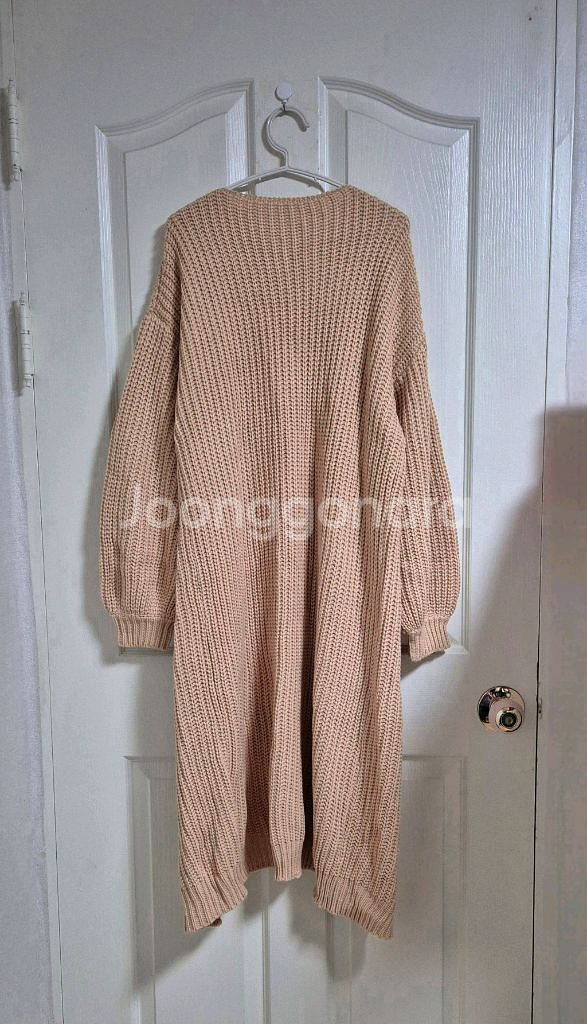 베이지핑크 퍼프소매 오픈형 롱 가디건--6