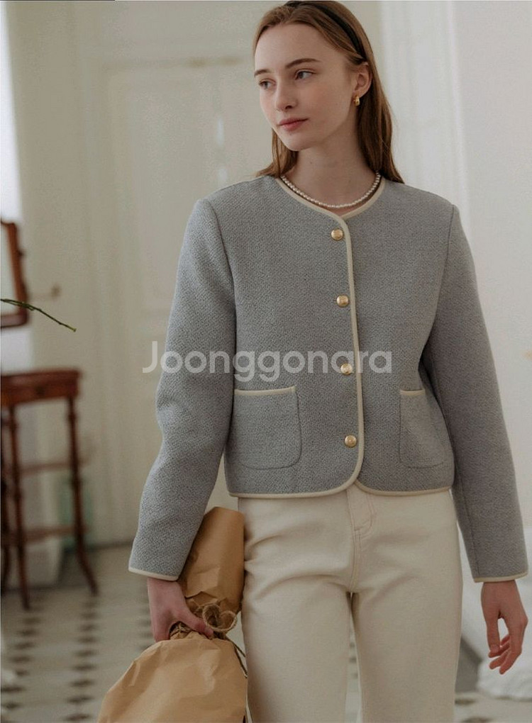 새상품 틸아이다이 내추럴 트위드 라인 자켓 스카이블루--0