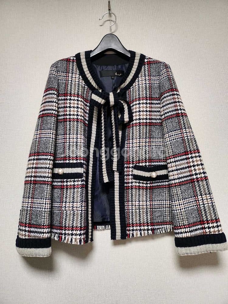 지컷 체크배색 니트트위드자켓--0
