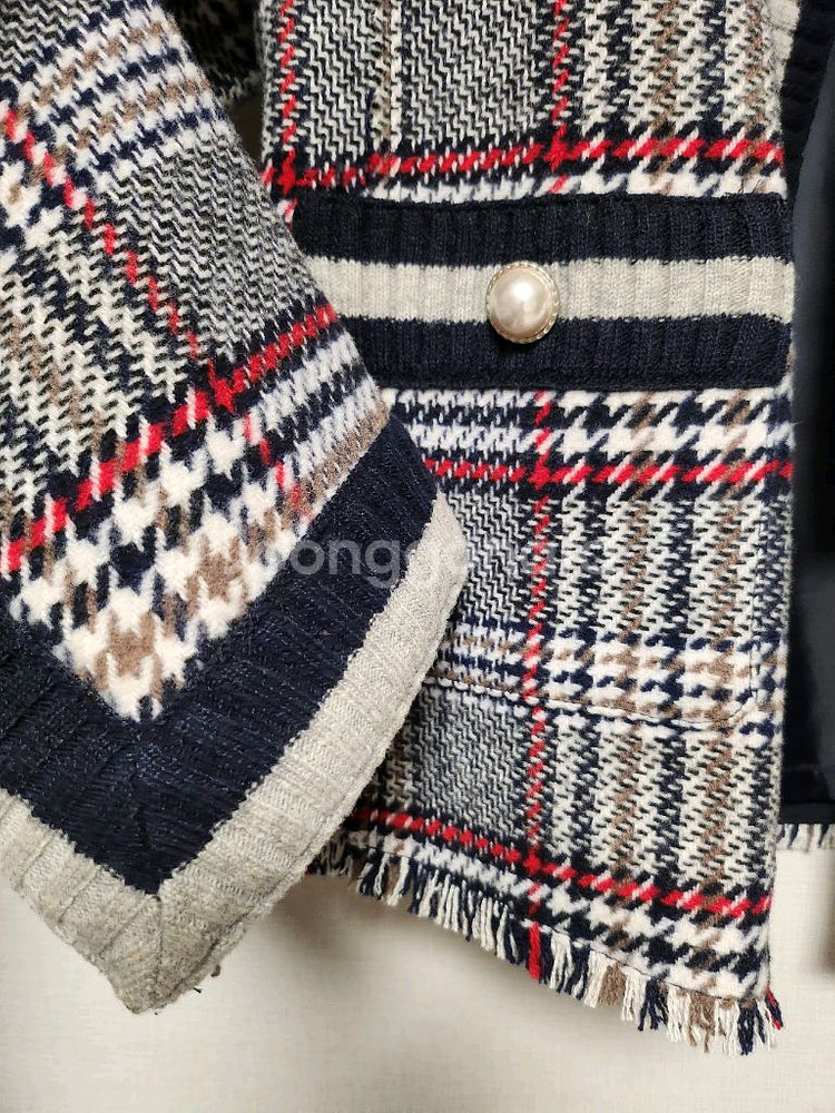 지컷 체크배색 니트트위드자켓--3