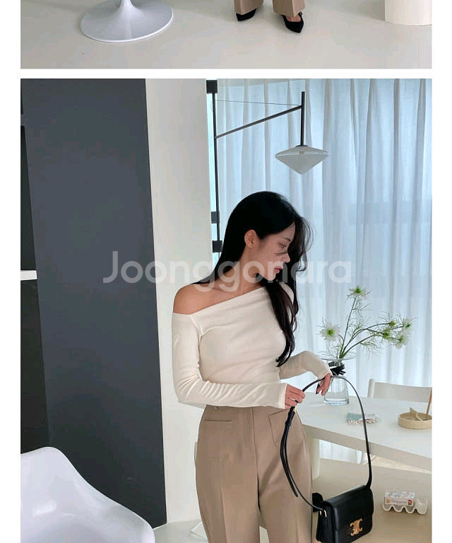 새상품 사선 트임 슬림 오프숄더 긴팔티셔츠--4