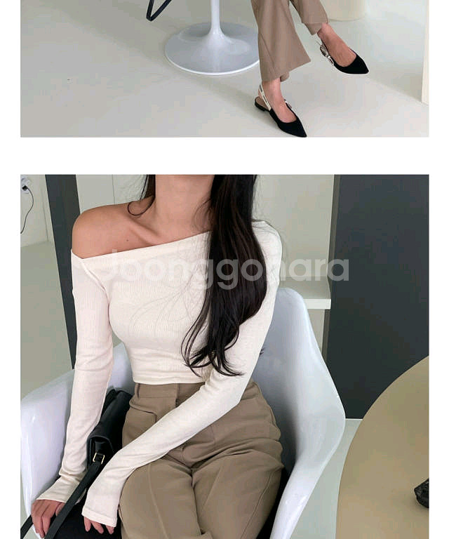 새상품 사선 트임 슬림 오프숄더 긴팔티셔츠--6