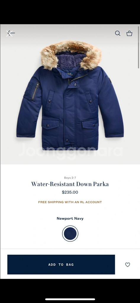 (정품) 폴로 랄프로렌 남아 방수 다운 파카 3T 블루--0