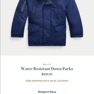 (정품) 폴로 랄프로렌 남아 방수 다운 파카 3T 블루