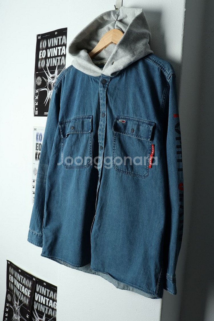 (L) 타미힐피거 셔츠 남방 데님 청 후드--0