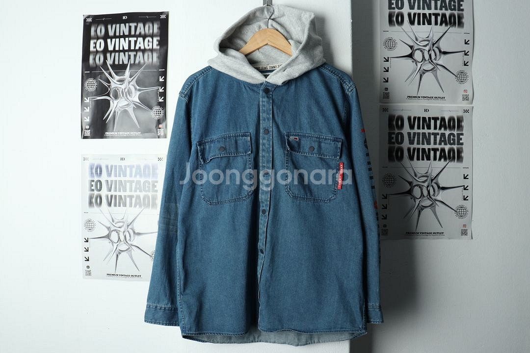 (L) 타미힐피거 셔츠 남방 데님 청 후드--1