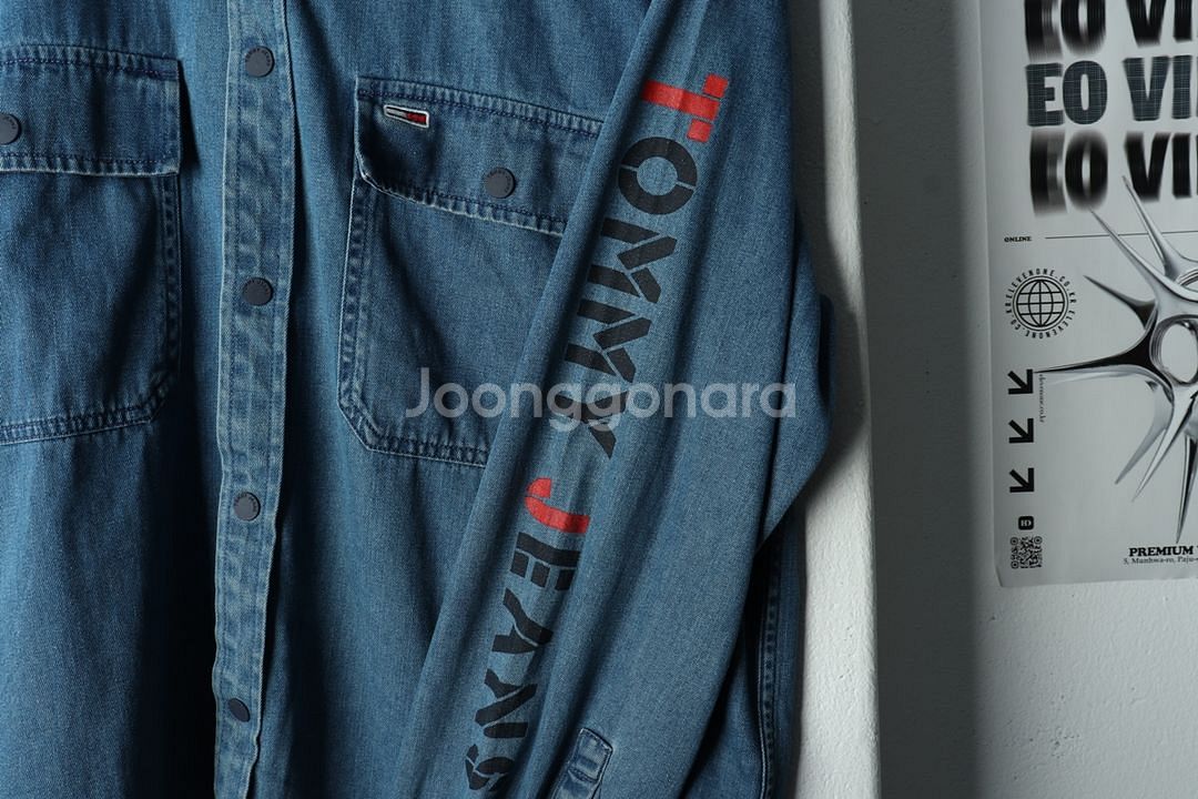 (L) 타미힐피거 셔츠 남방 데님 청 후드--6