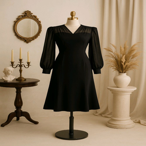 블랙 브이넥 쉬폰 배색 미디 원피스ㅡ무배