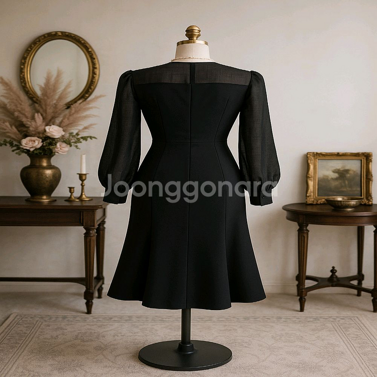 블랙 브이넥 쉬폰 배색 미디 원피스ㅡ무배--1