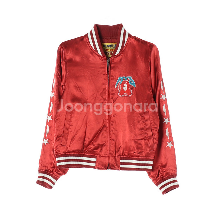 (새상품)[M]히스테릭글래머 새틴 레드 자수 스카잔 블--0