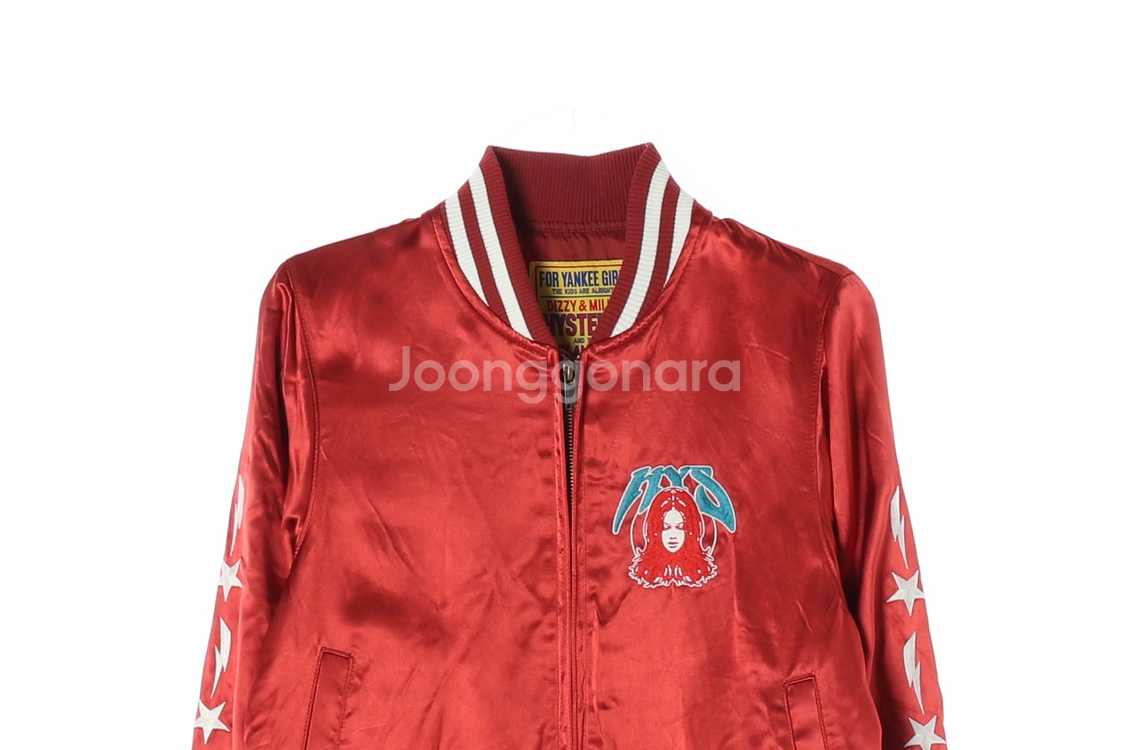 (새상품)[M]히스테릭글래머 새틴 레드 자수 스카잔 블--1