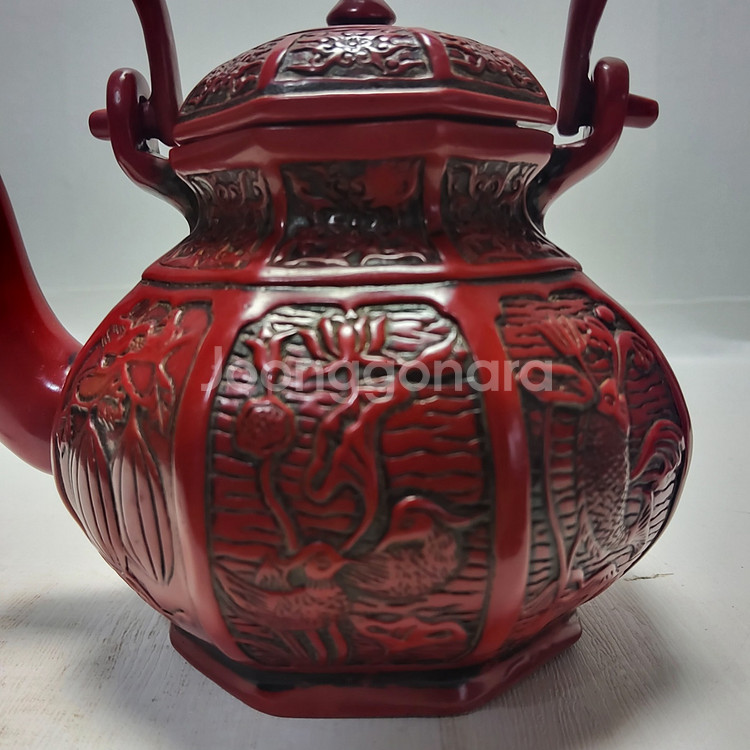 홍자사 육각 목단문 주전자 높이13cm 무게592g--1