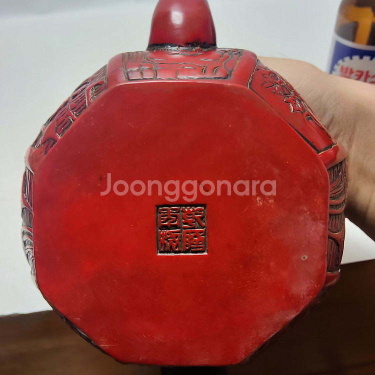 홍자사 육각 목단문 주전자 높이13cm 무게592g--3