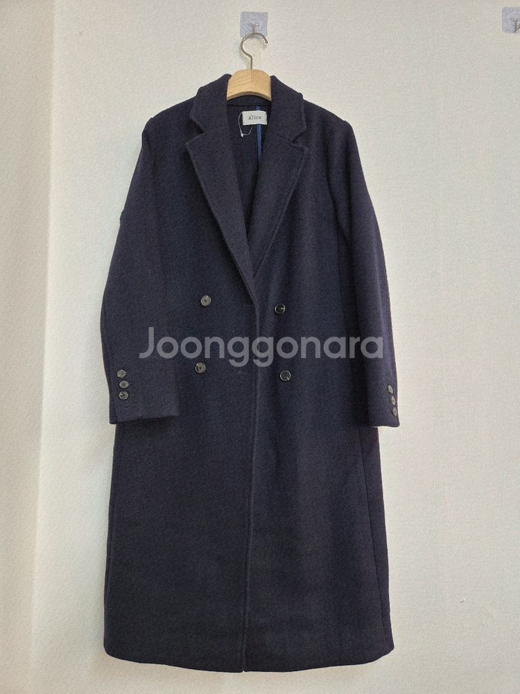 울 더블 브레스티드 롱 코트 네이비 새제품--0