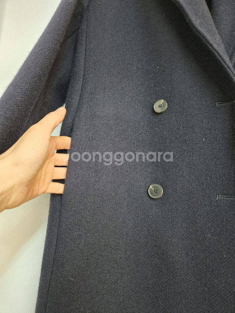 울 더블 브레스티드 롱 코트 네이비 새제품--4
