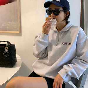 기모) 포니테일 하프집업 멜란지그레이 버건디 로고