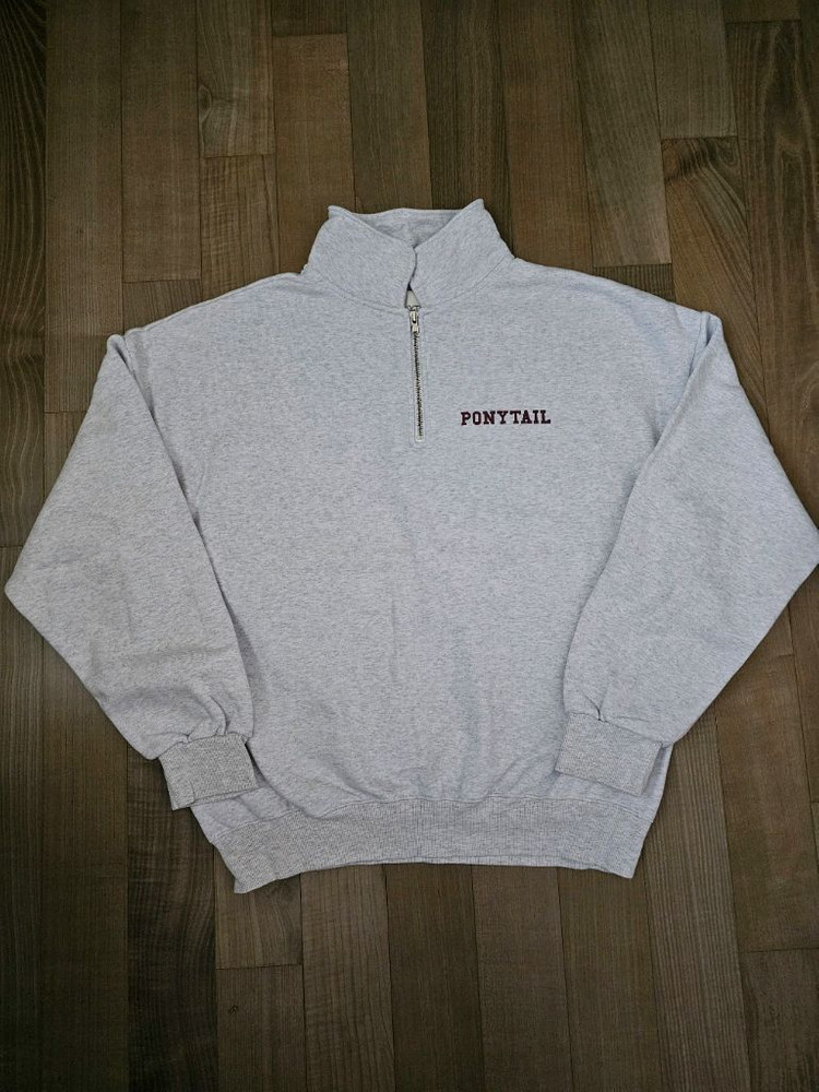 기모) 포니테일 하프집업 멜란지그레이 버건디 로고--1