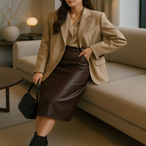 로맨틱 데이트룩 브라운 레더 H라인 미디 스커트ㅡ무배