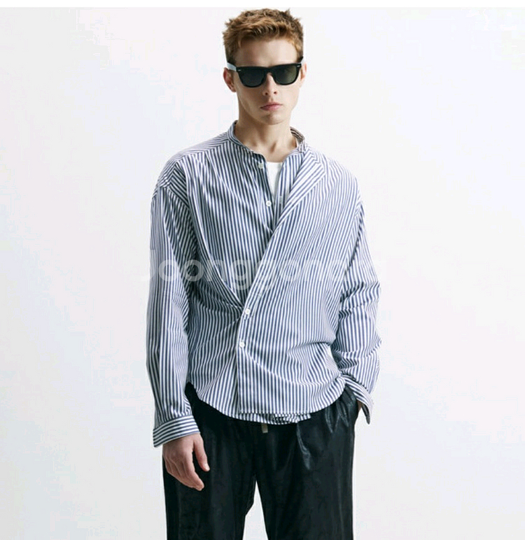 MOOMYUNG 남성 더블 레이어드 랩 스트라이프 셔츠--0