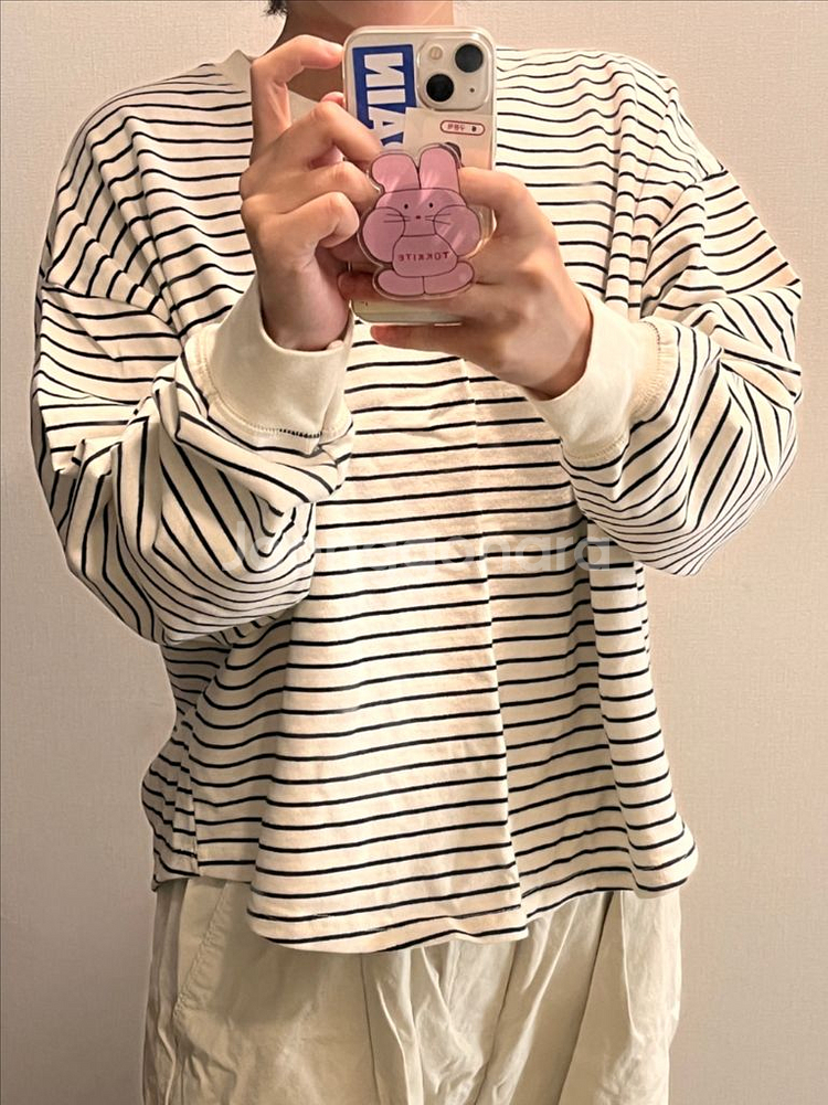 리코이 세미크롭 스트라이프 니트 맨투맨--0