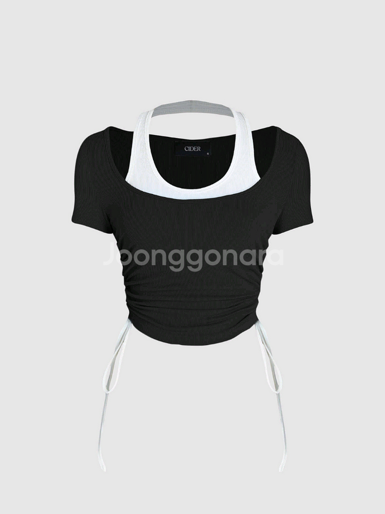 샵사이다 투톤 셔링 매듭 반팔 탑 M--0