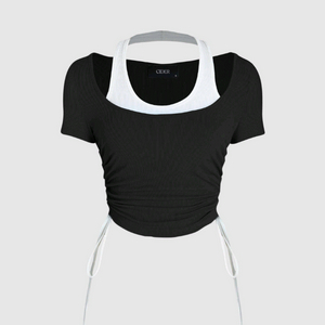 샵사이다 투톤 셔링 매듭 반팔 탑 M