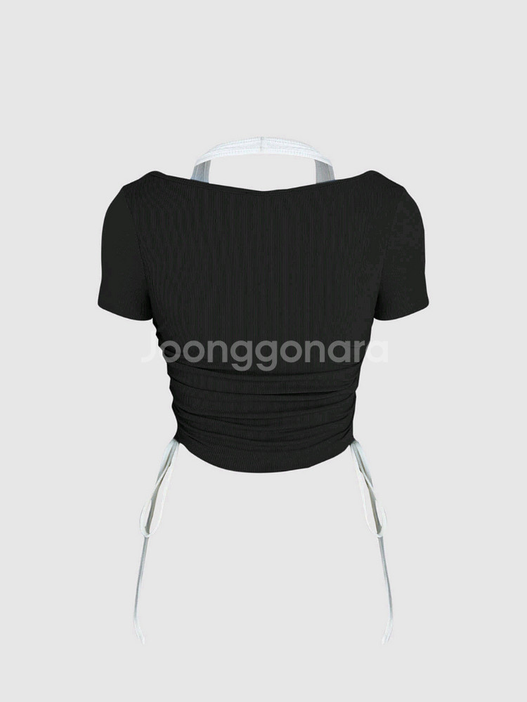 샵사이다 투톤 셔링 매듭 반팔 탑 M--1