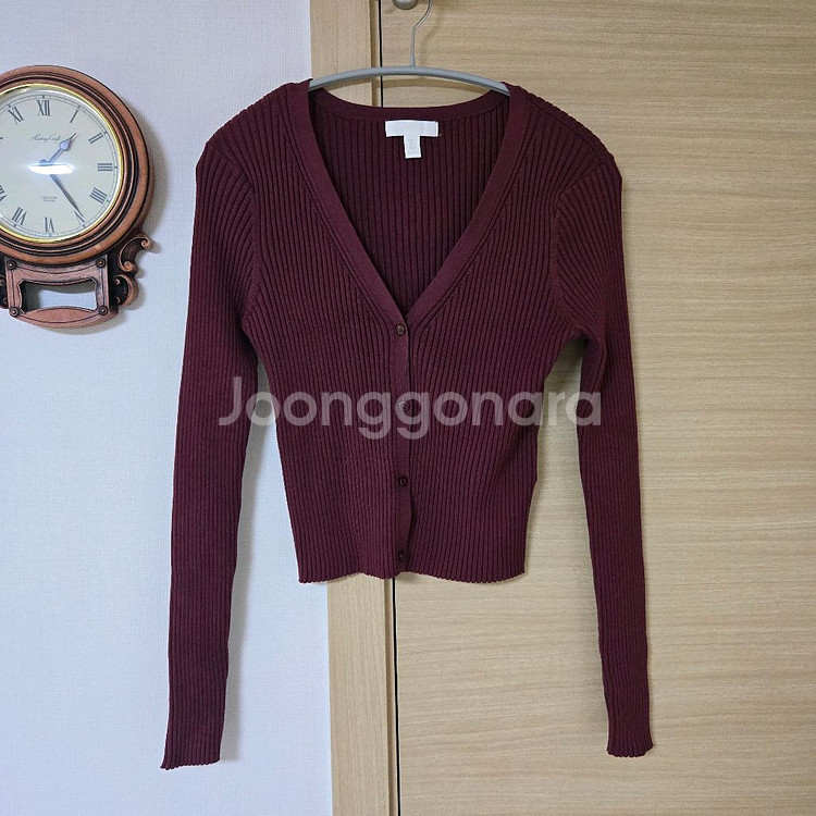 H&M 골지 리브 니트 가디건 레드 블랙--2