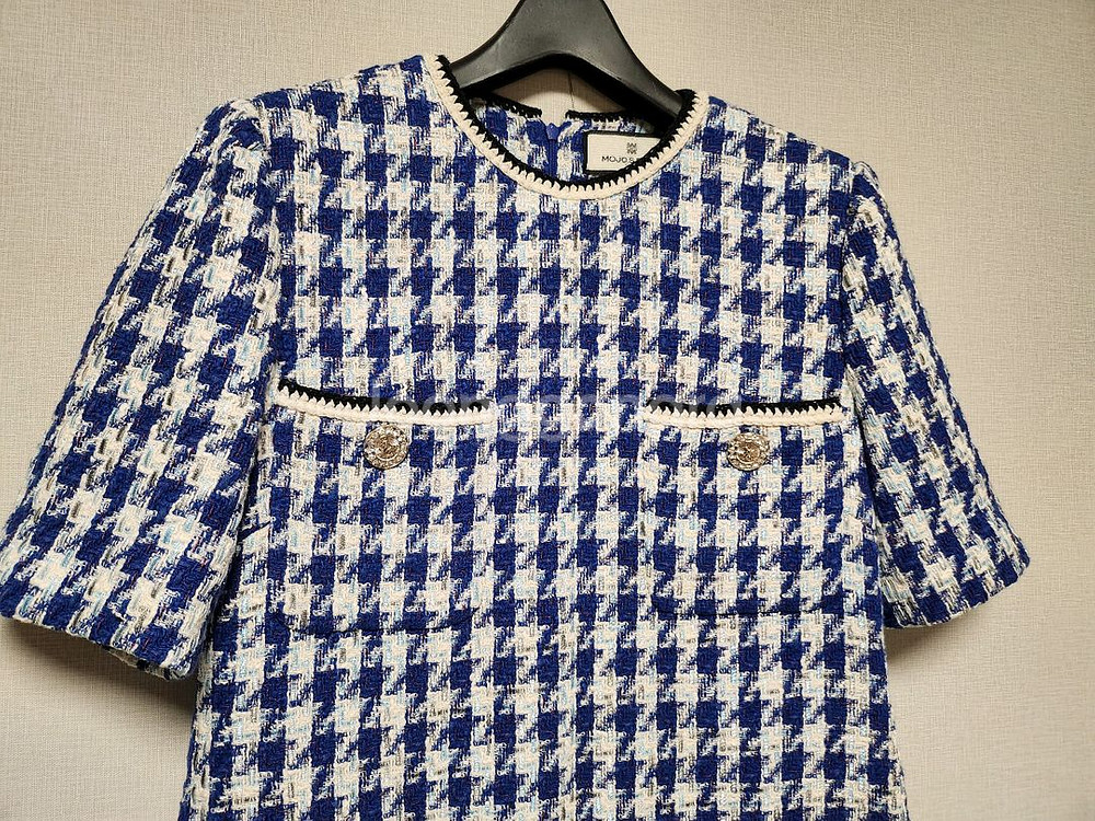 모조에스핀 블루 하운드투스 트위드 반팔 원피스--2