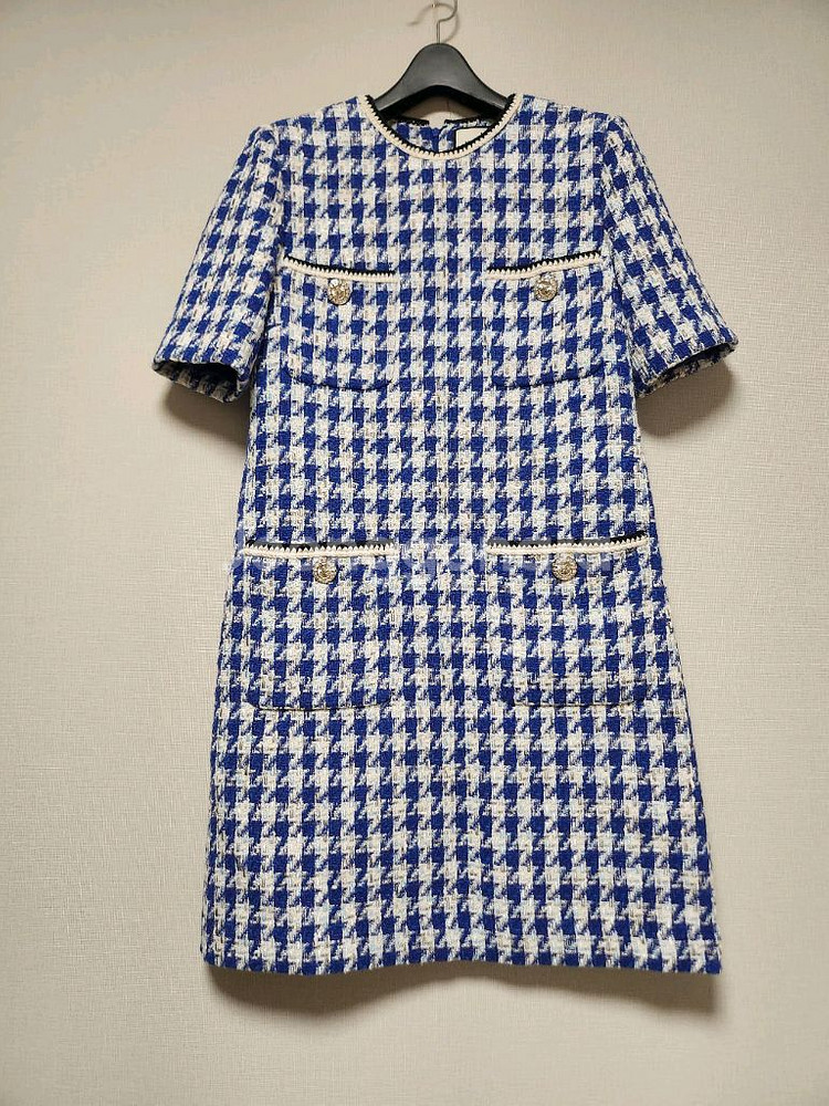 모조에스핀 블루 하운드투스 트위드 반팔 원피스--0