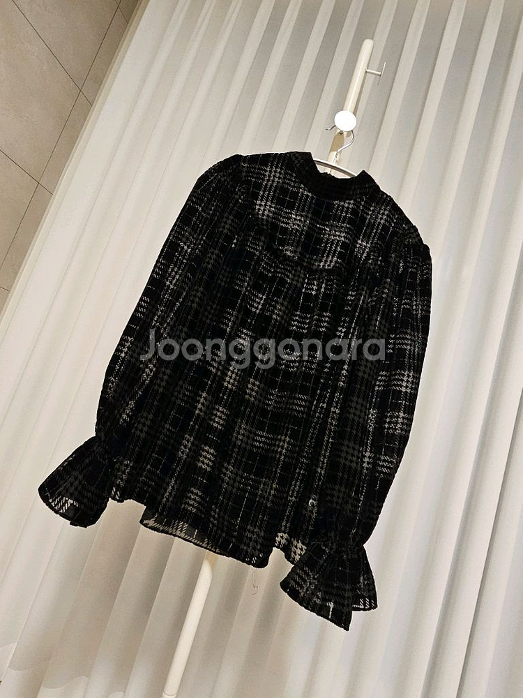 체크 벨벳 시스루 블라우스--0