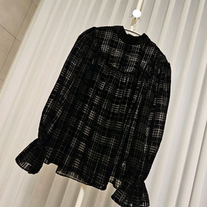 체크 벨벳 시스루 블라우스