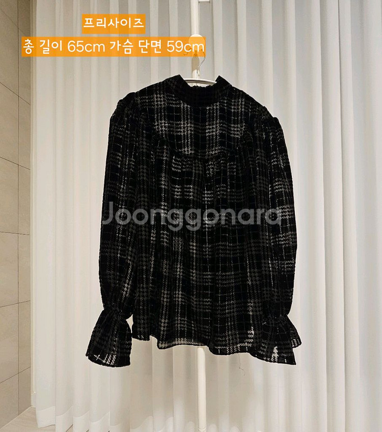 체크 벨벳 시스루 블라우스--3