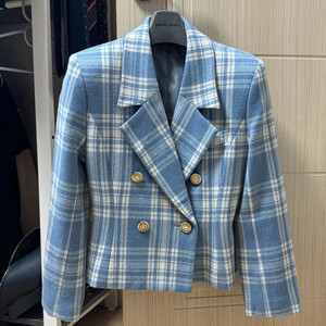 (착샥O) 일본 수입 하늘색 체크 트위드자켓