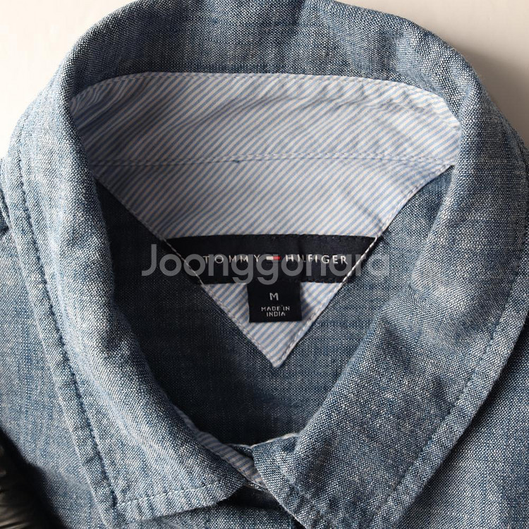 [M]타미힐피거 블루 롤업 소매 긴팔 코튼 셔츠--4