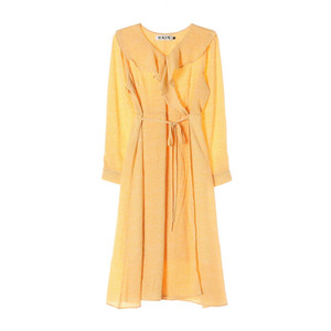 [M]나인 옐로우 패턴 러플 브이넥 긴팔 쉬폰 롱 원피