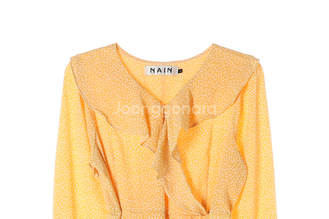 [M]나인 옐로우 패턴 러플 브이넥 긴팔 쉬폰 롱 원피--1