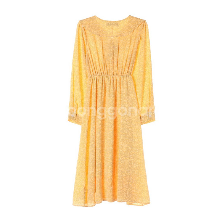 [M]나인 옐로우 패턴 러플 브이넥 긴팔 쉬폰 롱 원피--4