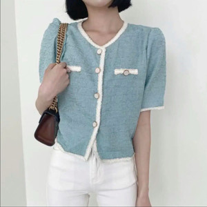 트위드 반팔 자켓 블루 화이트 배색