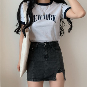 레터링 배색 반크롭 반팔티