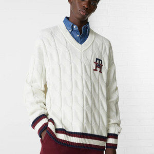 타미힐피거 모노그램 케이블 V넥 니트 스웨터 L